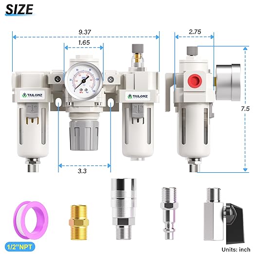 TAILONZ PNEUMATIC 1/2 Inch NPT Manual Drainage 3 in 1 Oil Air Pressure Regulator Filter AC4000-04（0-150PSI） with Lubricator Cup for Air Tools System