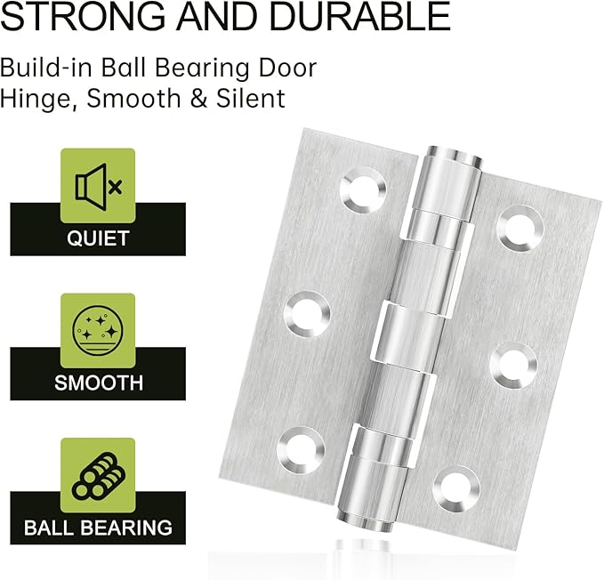 3Pcs Stainless Steel Door Hinges 3 Inch, Heavy Duty Ball Bearing Hinges for Interior Exterior Doors, Square Corner, Max Loading 100LB, Smooth and Quiet, Silver