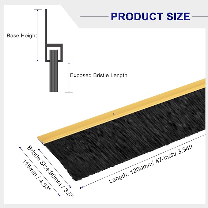 uxcell 2Pcs Door Brush Bottom Sweep H-Shape Aluminum Alloy Base with 3.5-inch PP Brush for Home, Industrial (47-inch L, Golden)
