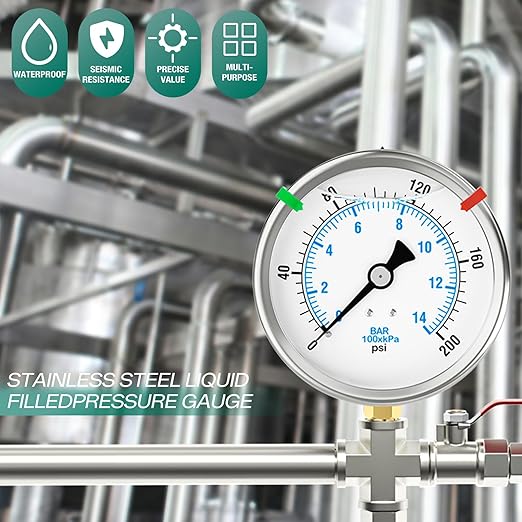 0-200PSI Stainless Steel Liquid Filled Pressure Gauge, 4" Dial Size, 1/4" NPT Lower Mount, for Tube, Water Pump, Gas, Liquid, Pressure Test (with Range Mark Pointer)