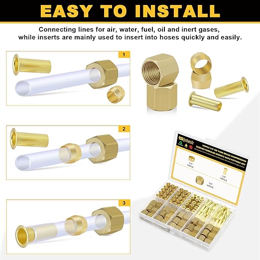 Siptenk 180PCS 1/4" Brass Compression Fittings Sleeves Ferrules Inserts Nuts Assortment Kit, Brass Ferrule Tubing Insert for Air Hose Lines