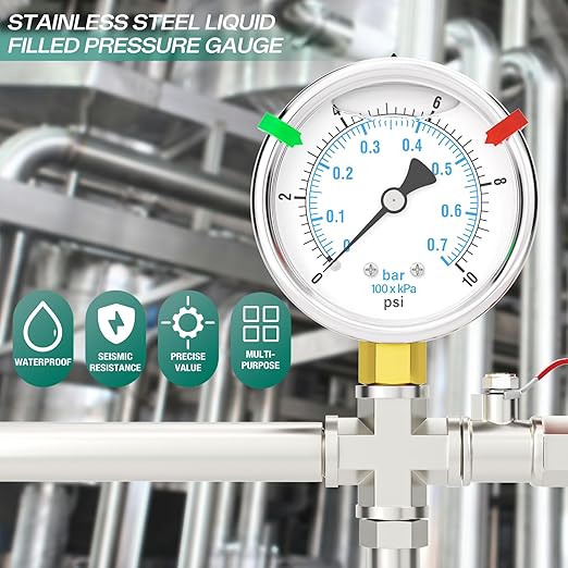 0-10PSI Stainless Steel Liquid Filled Pressure Gauge, 2.5" Dial Size, 1/4" NPT Lower Mount, for Tube, Water Pump, Gas, Liquid, Pressure Test (with Range Mark Pointer)