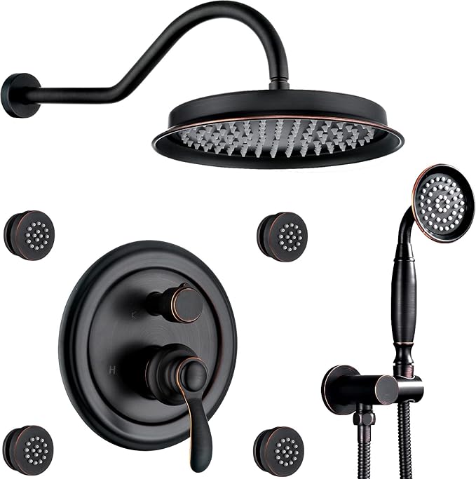 Antique Shower Faucet-Sets Fixtures: 9 inch Wall Rain Head with Handheld Spray and Body Jets, 3 Way Diverter Rough in Valve System included Trim Kit, Oil Rubbed Bronze