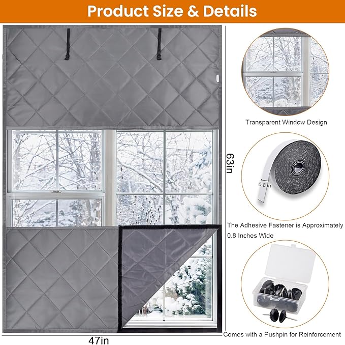 Window Insulation Cover Kit for Winter - 3 Layer 47"x63" Visible Thermal Insulated Windows Curtain with Kits for Winterizing, Large Oxford Cloth Window Cover Film with Heavy Cotton for Home Rv Door