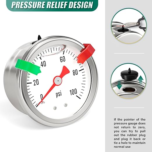 0-100PSI Stainless Steel Glycerin Filled Fuel Pressure Gauge 1.5" Dial Size, 1/8" NPT Back Mount, with 3/8" Barb Fuel Line Pressure Adapter, for Water, Oil, Air, Pressure Test