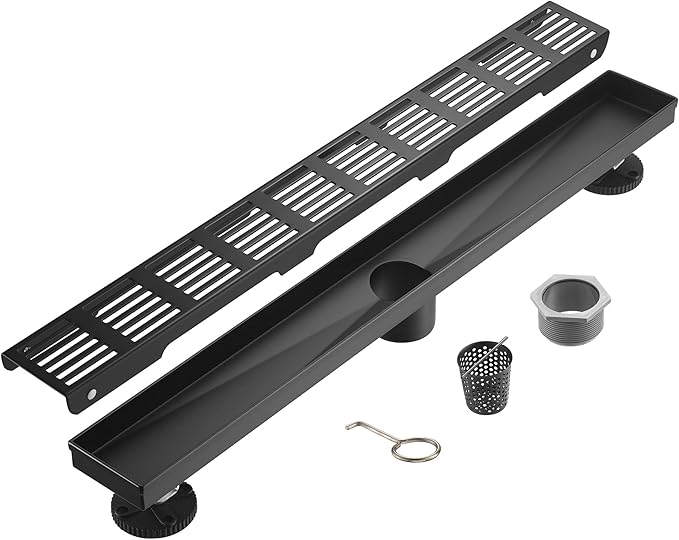 Linear Shower Drain 32 Inch,Rectangular Shower Drain SUS-304 Stainless Steel, 51L/Min Fast Drainage Floor Linear Drain, US Standard CUPC Certified, Matte Black, SD-109