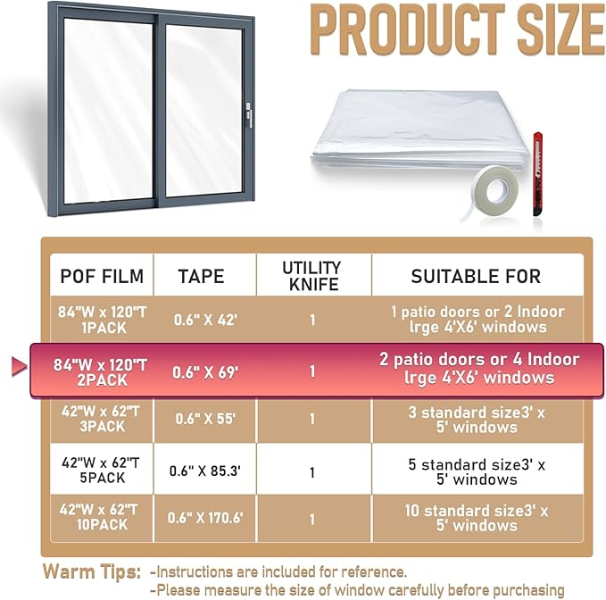 Large Patio Door Shrink Film Window Insulation Kit Cuttable with AdhesiveTransparent,Window Plastic for Winterizing Thicken Thermal Waterproof Insulation Cover Warm Winter (2Pack, 84"W x 120"T)