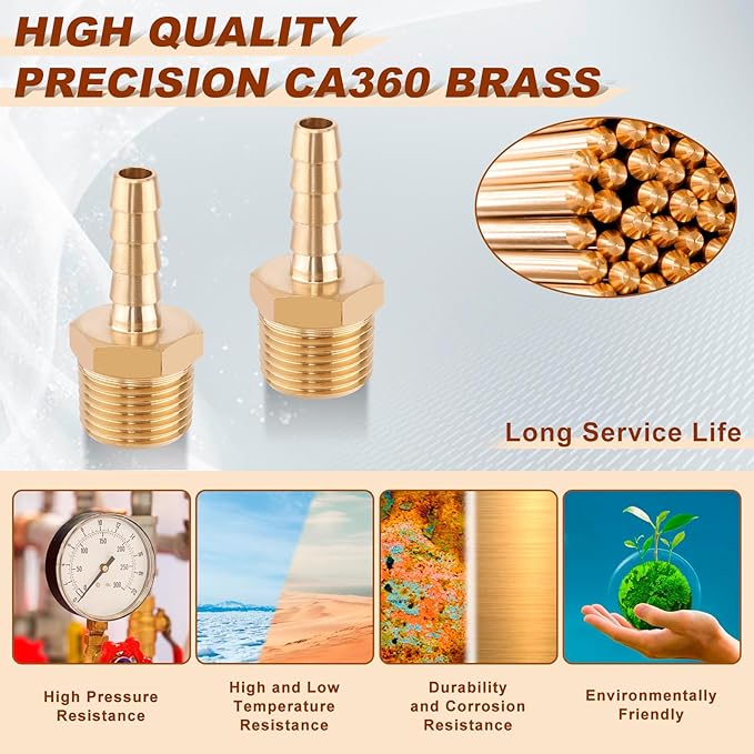 5pcs Brass Hose Barb Fittings 1/4 Inch Barb to 3/8 Inch NPT Male Thread Air Hose Fittings Adapter Connector Water Fuel Air Line Fittings 1/4” Barb × 3/8” NPT Brass Fittings