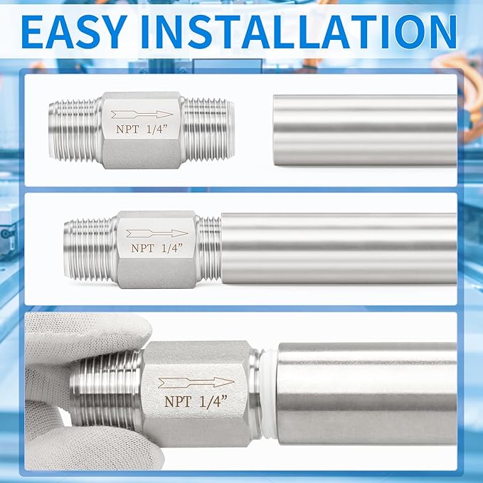ChillWaves 304 Stainless Steel In-Line Siamese Check Valve 1/4" NPT Male Thread, One-Way Non-return Check Valve，Prevent Water Back-flow(1-PACK)