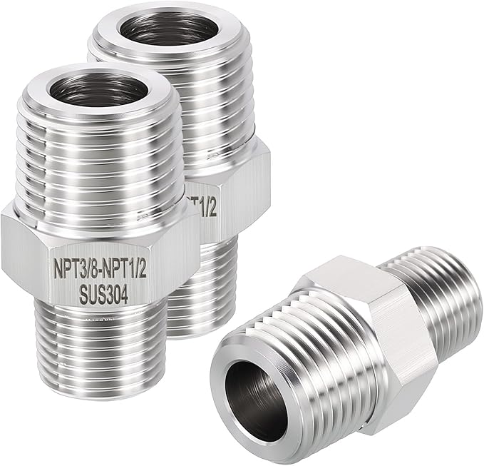 1 Pack 304 Stainless Steel Male to Male Adapter, 1/2" Male NPT x 3/8" Male NPT Hex Nipple Pipe Extension Fitting for Industrial, Automotive, Fluid Transfer, Home Gardening, Water