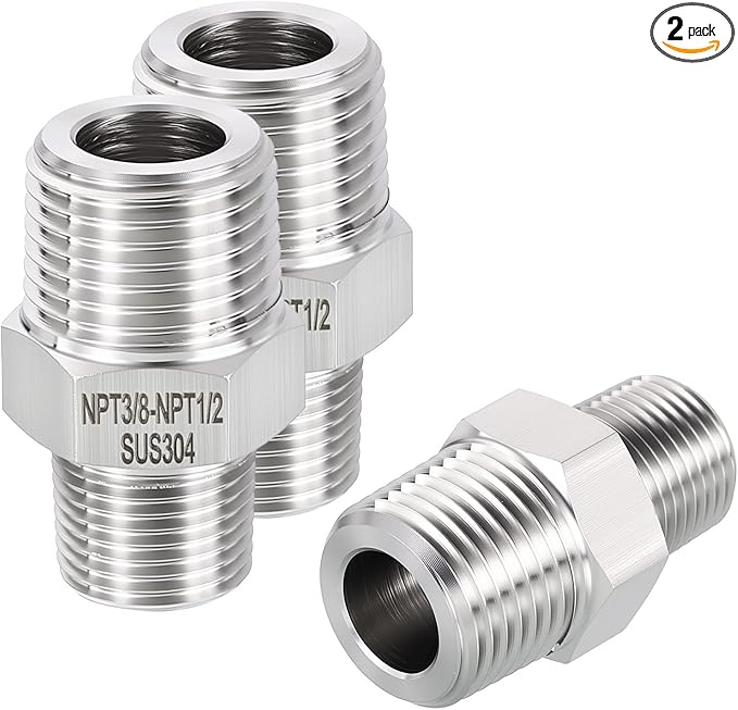 2 Pack 304 Stainless Steel Male to Male Adapter, 1/2" Male NPT x 3/8" Male NPT Hex Nipple Pipe Extension Fitting for Industrial, Automotive, Fluid Transfer, Home Gardening, Water