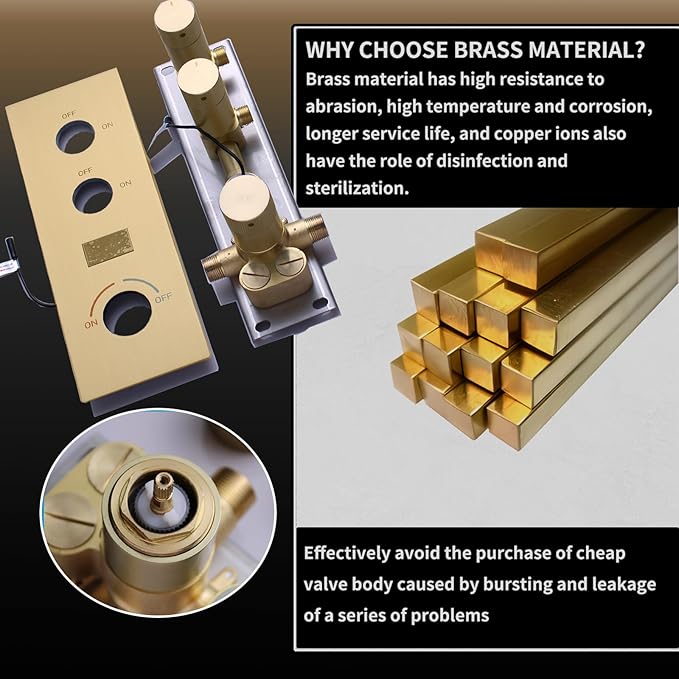Brushed Gold 2 Function Shower Diverter with Temperature Display Solid Brass Shower Mixer Valve Pressure Balancing and Flow Control Bathroom Shower Diverter Valve