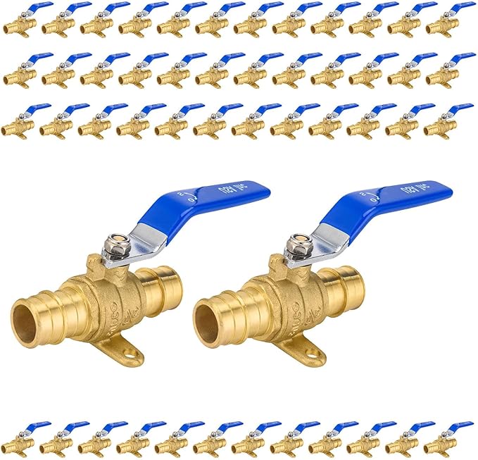 50-Pack Foskan 3/4" Brass PEX Expansion Drop Ear Ball Valve with Blue Handle, Full Port Shut-off Valve for Hot and Cold Water Distribution
