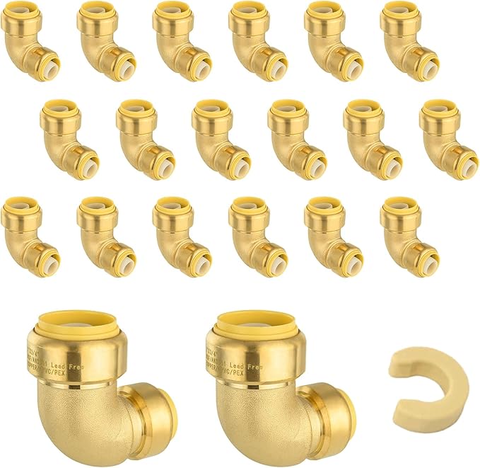 (Pack of 20) Niikappu 1 Inch x 3/4 Inch Reducing Elbow Brass Fitting, Push to Connect Plumbing Brass Fittings, PEX, Copper, CPVC, PE-RT Pipes