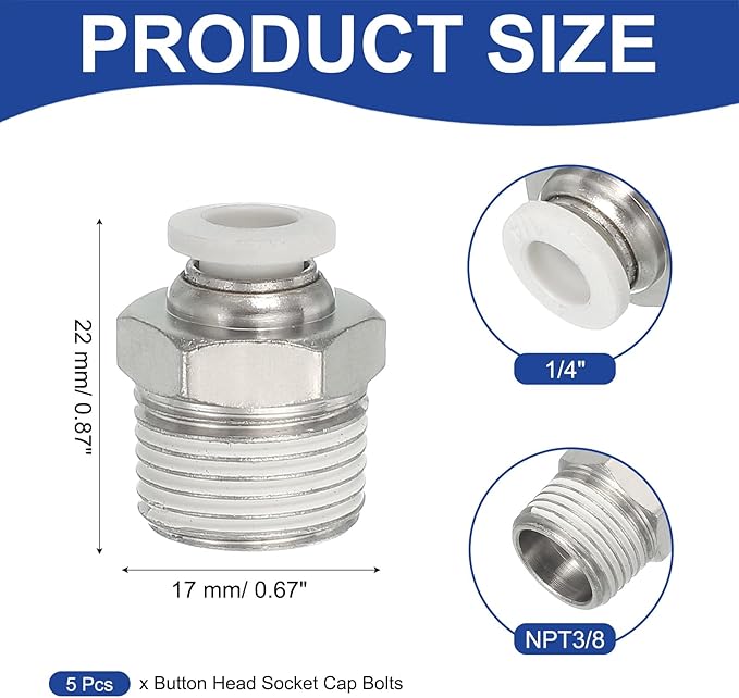 MECCANIXITY 5 Pcs NPT Push to Connect Air Fittings, Male Straight 1/4" Tube OD x 3/8" NPT Thread Air Quick Connector Coupling Adapter for Gas Hose Pneumatic Tools, White