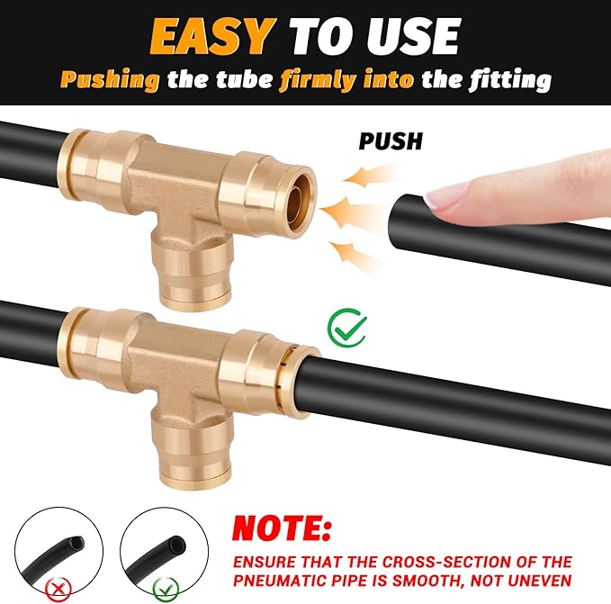 1/4" Tee Union Push to Connect Fittings， 4PCS DOT Approved Air Fittings Brass Air Brake Line Fittings，Quick Push in Union Fittings for Trucks Trailers Industrial Workshops