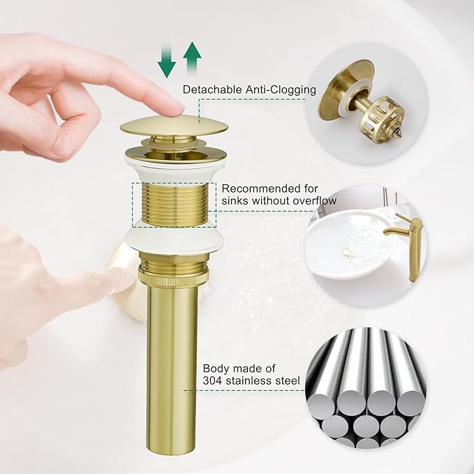 VOTON Bathroom Vessel Sink Pop Up Drain Without Overflow Assembly, Lavatory Vanity Sink Drain Stopper, Anti-Clogging Drain Strainer, Brushed Gold