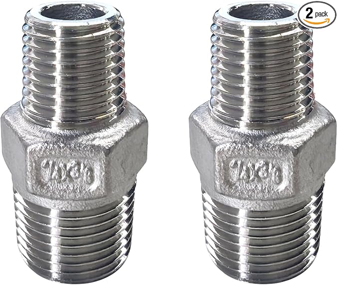 2pcs 3/8" NPT x 1/4" NPT Stainless Steel Nipple, 3/8 to 1/4 Adapter Fitting Reducing Solid Hex Stainless Steel Nipple, Male Reducer for Extending and Connecting Pipes