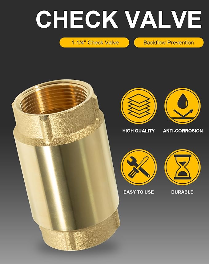 In-Line Check Valve No-Lead Brass Backflow Prevention One Way Check Valves 1-1/4" Female Pipe Thread for most pumps, 1.25'' FNPT × 1.25'' FNPT