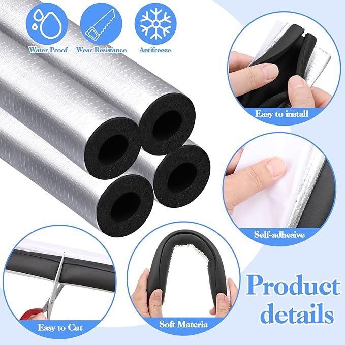 4 Pcs Pipe Insulation Foam Tube - Self-Adhesive Wrap for Winter, Irrigation, Sprinkler, Spigot & Water Heater Pipes (1.3 Ft x 0.6 In)