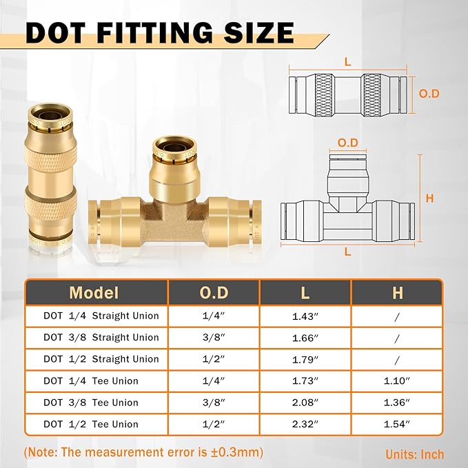 CheeMuii 35 PCS Brass DOT Air Line Fittings Kit 1/4 3/8 1/2 DOT Quick Connect Air Fittings Straight & Tee Union Push to Connect Air Hose Fittings for Semi Truck Trailers Air Brake System