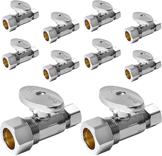 10-PCs HeSun Straight Stop Valve, 1/2" Nominal (5/8"OD) Compression x 3/8" OD Compression, 1/4 Turn Shut Off Valve for Bathroom, Chrome Plated Brass(VALVE122)