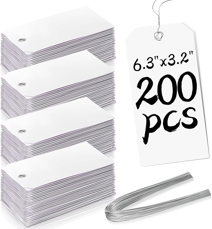 200 Large Sales Tags With String - 6 1/4 x 3 1/8 Inch, Metal Wire Ties, White
