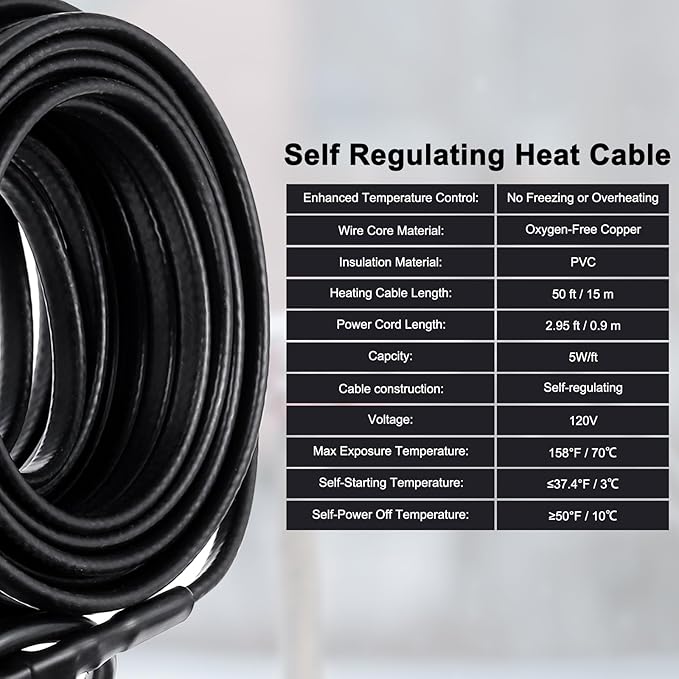 MECCANIXITY 50FT Self-Regulating Water Pipe Heat Tape,5W/Ft 120V Electric Plugs 3 Prong Heating Trace Cable for Metal and Plastic Pipe Freeze Protection Keeps Water Flowing