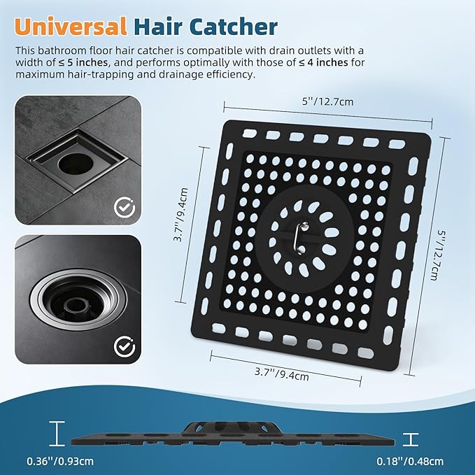 Hibbent Upgraded Shower Drain Hair Catcher, Shower Drain Cover for Bathroom Floor 4" Drain, Anti-Clogging Bathtub Drain Strainer, Stainless Steel Kitchen Sink Drain Strainer with Handle, Matte Black