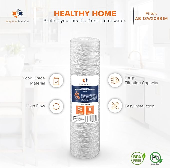 Aquaboon 1 Micron Whole House 20" x 4.5" String Wound Water Filter Replacement Cartridge for Well Water Compatible with SWC-25-2005, P5-20, 4-Pack