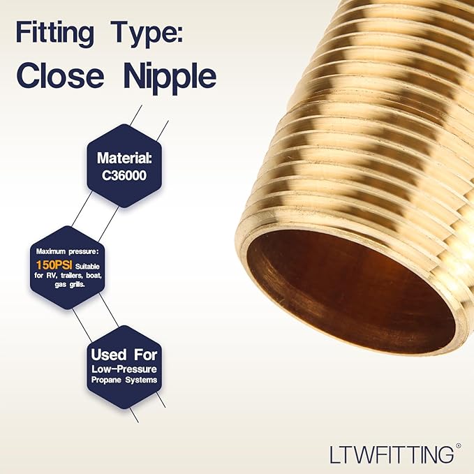 LTWFITTING Assortment Kit (1-Inch - 2-Inch) Close NPT Male Brass Pipe Close Nipple (Pack of 12)