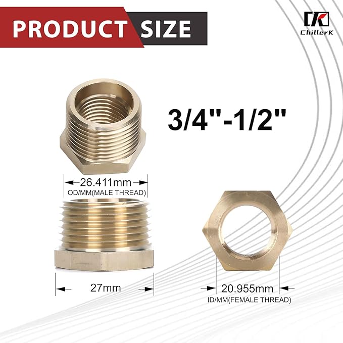 3/4" NPT Male Thread x 1/2" NPT Female Thread Brass Reducing Bushing (Pipe Fitting), 1200 PSI (Pack of 2)