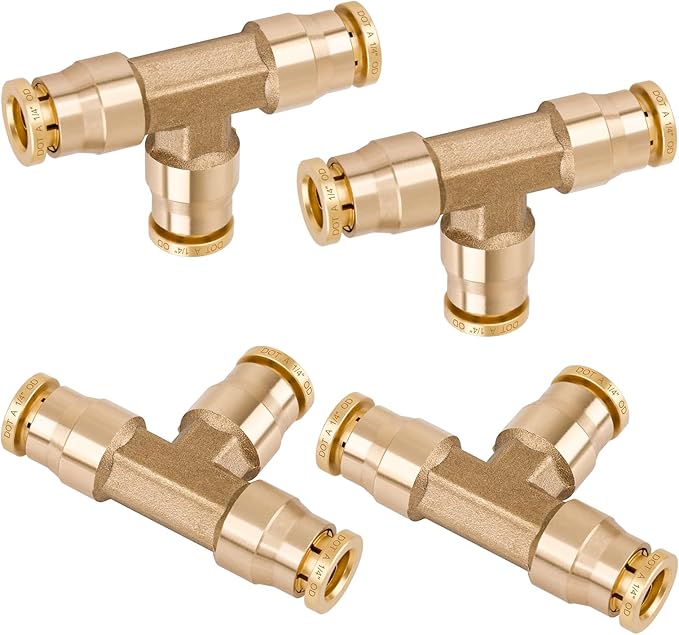 1/4" Tee Union Push to Connect Fittings， 4PCS DOT Approved Air Fittings Brass Air Brake Line Fittings，Quick Push in Union Fittings for Trucks Trailers Industrial Workshops