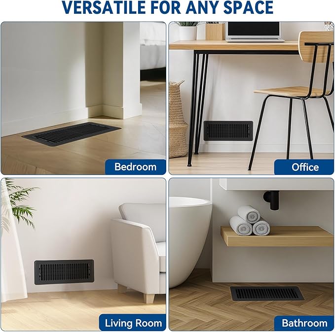 4" x 10" Floor Register Vent Covers 6-Pack, Walkable Powder-Coated Metal Vent Covers with Adjustable Airflow, Curved Safe Edges for Floor/Wall, Black