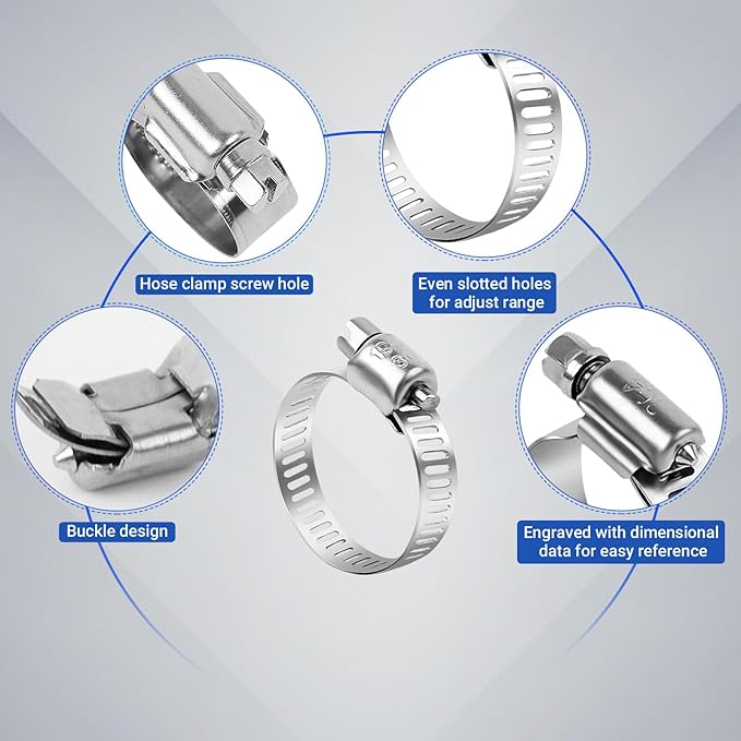 22 Pack Stainless Steel Hose Clamps - Adjustable 1/4" - 7/16" (6-12mm) Worm Gear Hose Clamps with a Socket Wrench for Plumbing,Automotive And Mechanical Application
