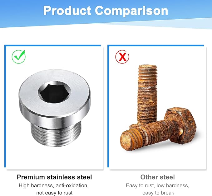 2-Pack Inner Hex Head Pipe Fitting Plug, 3/8 NPT 304 Stainless Steel Socket Bung Plug with Sealing Ring for Terminate Pipe Ends/Replacement Drains