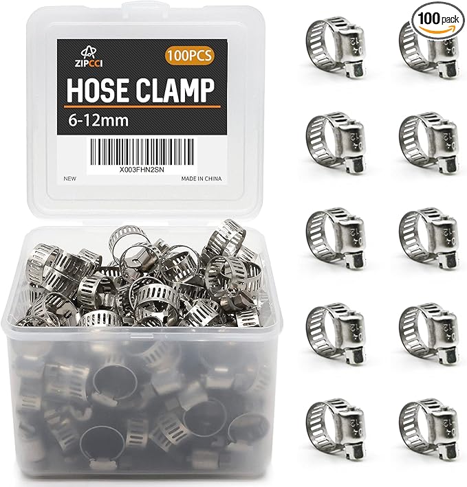 Small Hose Clamp, 100 Pack Hose Clamps Stainless Steel Worm Gear Fuel Line Hose Clamps, 6-12mm (1/4-1/2 inch)