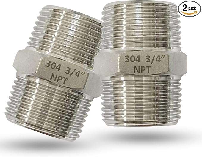 2pcs 3/4" Male X 3/4" Male Pipe Hex Nipple, 304 Stainless Steel MNPT Threaded Short Equal Connector, Heavy Duty Straight Male Pipe Fitting Nipple Adapter (3/4",2pcs)