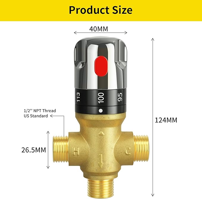 FUGO Thermostatic Mixing Valve, 1/2 NPT Solid Brass Temperature Control Valve