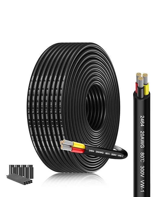 20 AWG 3 Conductor Stranded Wire 20 Gauge Oxygen-Free Tinned Copper Cable 49.21FT/15M UL2464 Certified - Flexible Low Voltage LED Lighting Cord for Automotive Boat Marine Applications