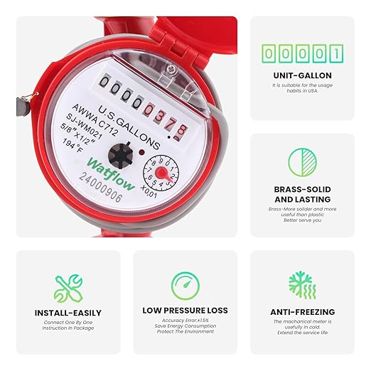 Watflow DN15 Water Meter 1/2" NPT, AWWA C712 Certification Gallon Water Flow Meter with Pulse Output, Hot Water Meter for Garden/Home/Apartment, Horizontal Install.