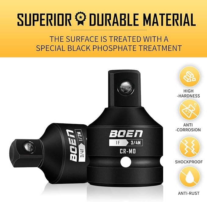 BOEN 10-Piece Impact Socket Adapter and Reducer Set, Standard SAE 1/4" 3/8" 1/2" 3/4", CR-MO Steel Driver & Wrench Conversion Kit Socket Reducer with 3/8" & 1/2" Universal Joint