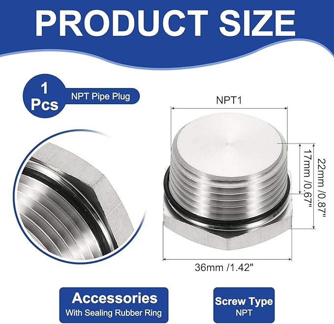 MECCANIXITY NPT Pipe Plug Fitting, 304 Stainless Steel NPT1 Male Outer Hex Thread for Plumbing Fixed with Sealing Rubber Ring