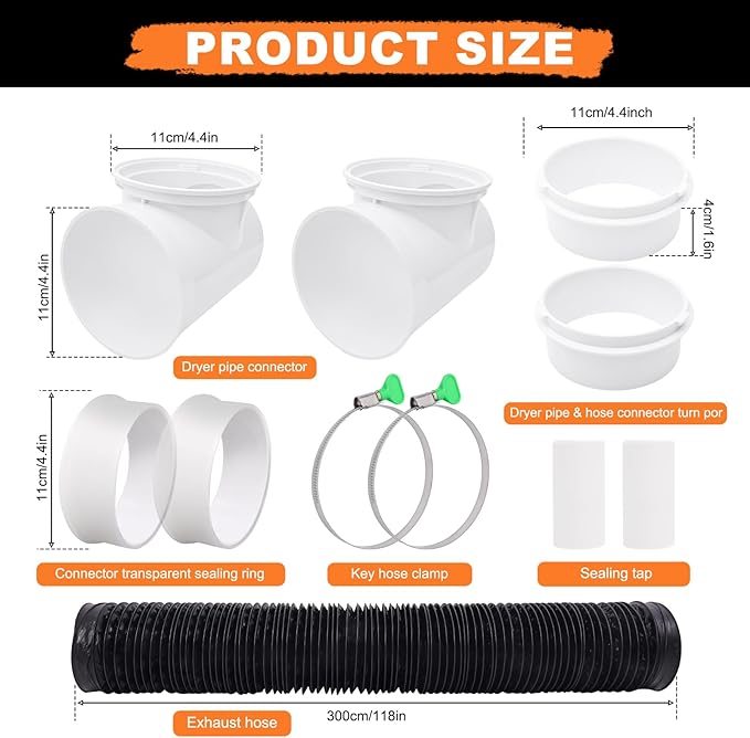 Dryer Vent Connector Kit,90 Degree Dryer Vent Elbow+10ft 6-Layer Flexible Hose & Sealing Kit for 4 Inch Dryer Duct, Dryer Adapter,Space-Saving Design for Tight Space
