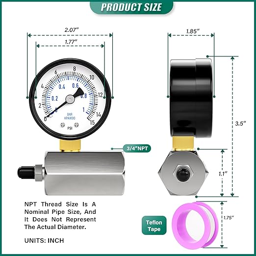 0-15PSI Gas Test Pressure Gauge, 2" Dial Size, 3/4" FNPT Connection, -3-2-3% Accuracy, Brass Valve, Chrome Plated Steel Body Assembly, for as Well as Gas line, air Circuit, Pressure Test