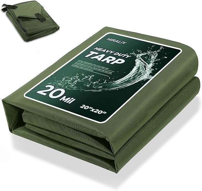 HIRALIY 20 Mil Heavy Duty Waterproof Tarp, 20x20ft Green Tarpaulin with Reinforced Webbing Loops, Multipurpose Oxford Fabric Tarp for Firewood, Roof, Camping, Pool