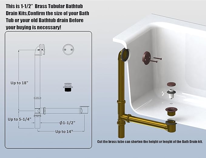 Artiwell 1-1/2" Brass Tubular Bath Drain Kit with Tip-Toe Bath Drain Stopper, Touch-Toe Tub Drain, Tip Toe Bathtub Drain Waste and Overflow With Plug and Bathtub Overflow Drain Cover,Oil Rubbed Bronze