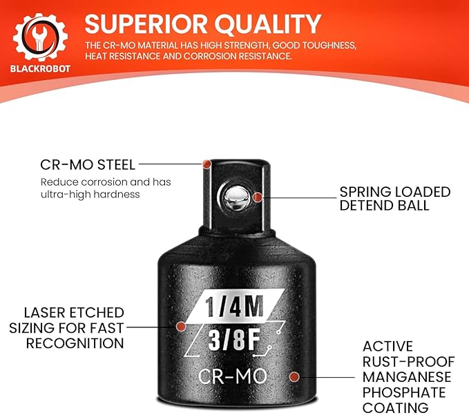BLACKROBOT 2 Piece 3/8”F To 1/4”M Impact Socket Adapter Set,SAE Drive Cr-Mo Steel Exceeds ANSI Standards,Square Drive Reducer for Impact Driver Wrench