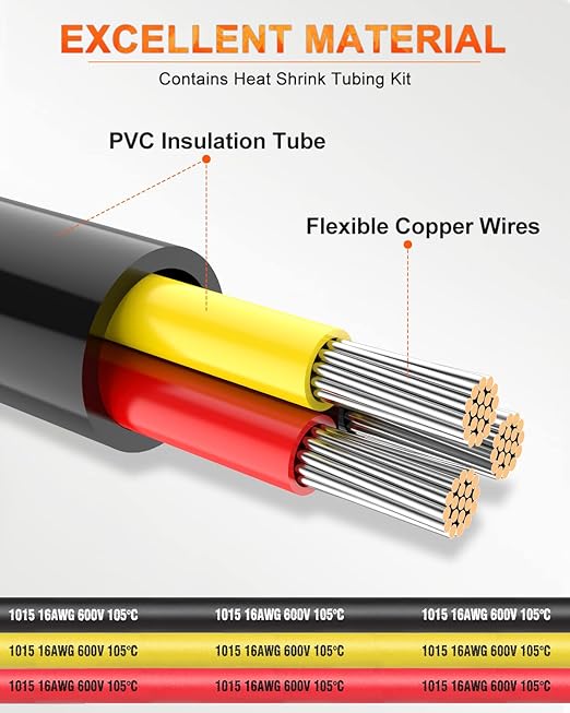 NAOEVO 16 Gauge Wire 3 Conductor Electrical Wire, 16 AWG Stranded PVC Cord, 12V Low Voltage/Tinned Copper/Flexible Cable for Automotive Wiring, Lamp Cord, Marine Cable (30FT)