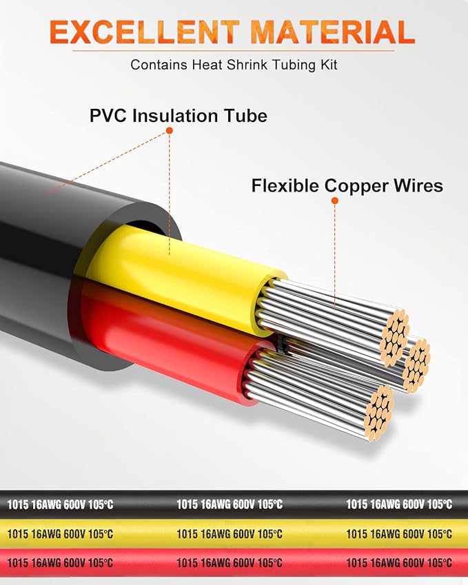 NAOEVO 16 Gauge Wire 3 Conductor Electrical Wire, 16 AWG Stranded PVC Cord, 12V Low Voltage/Tinned Copper/Flexible Cable for Automotive Wiring, Lamp Cord, Marine Cable (200FT)